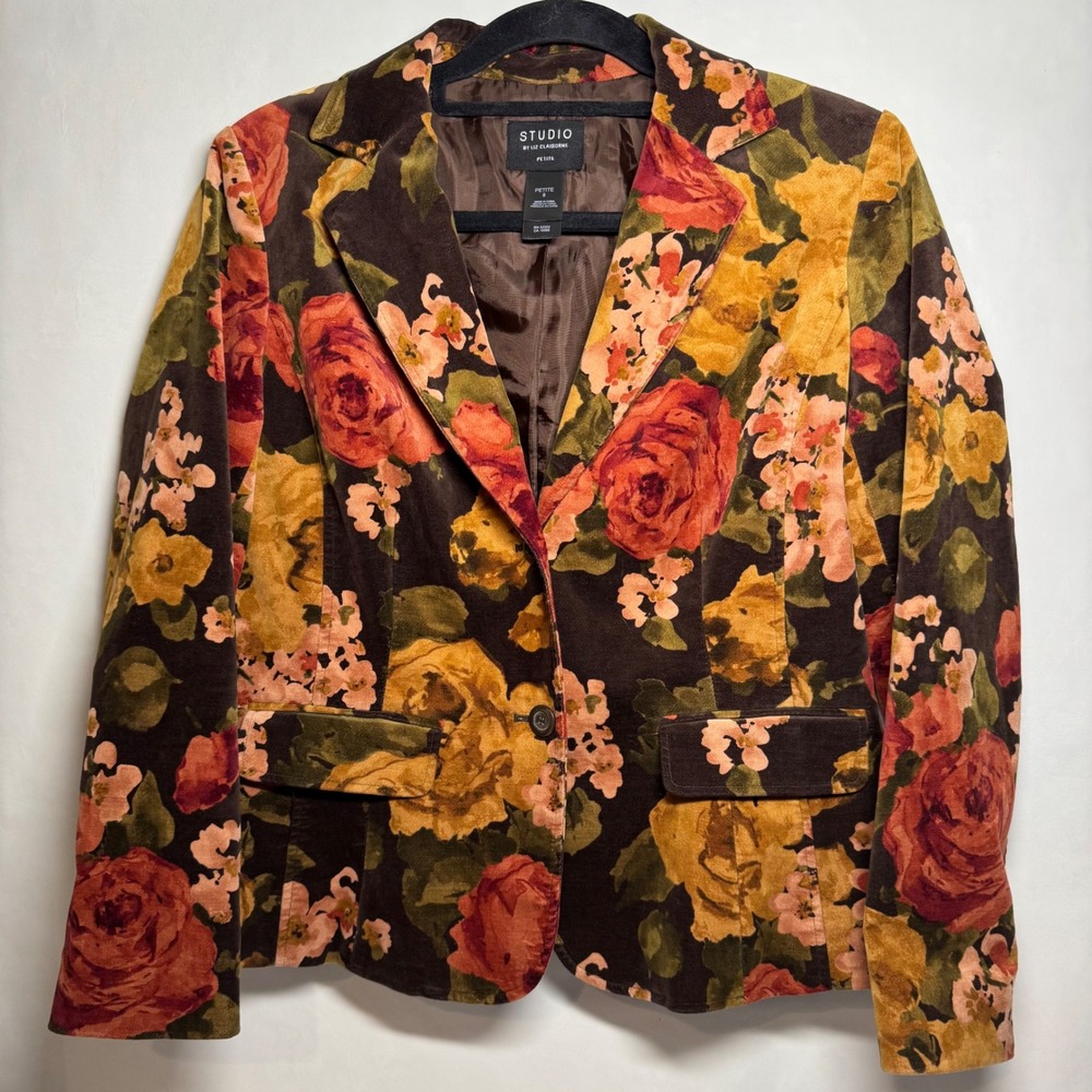 Velvet Blazer STUDIO BY LIZ CLAIBORNE Petite 8 P Floral‎ Jacket Preppy Academia